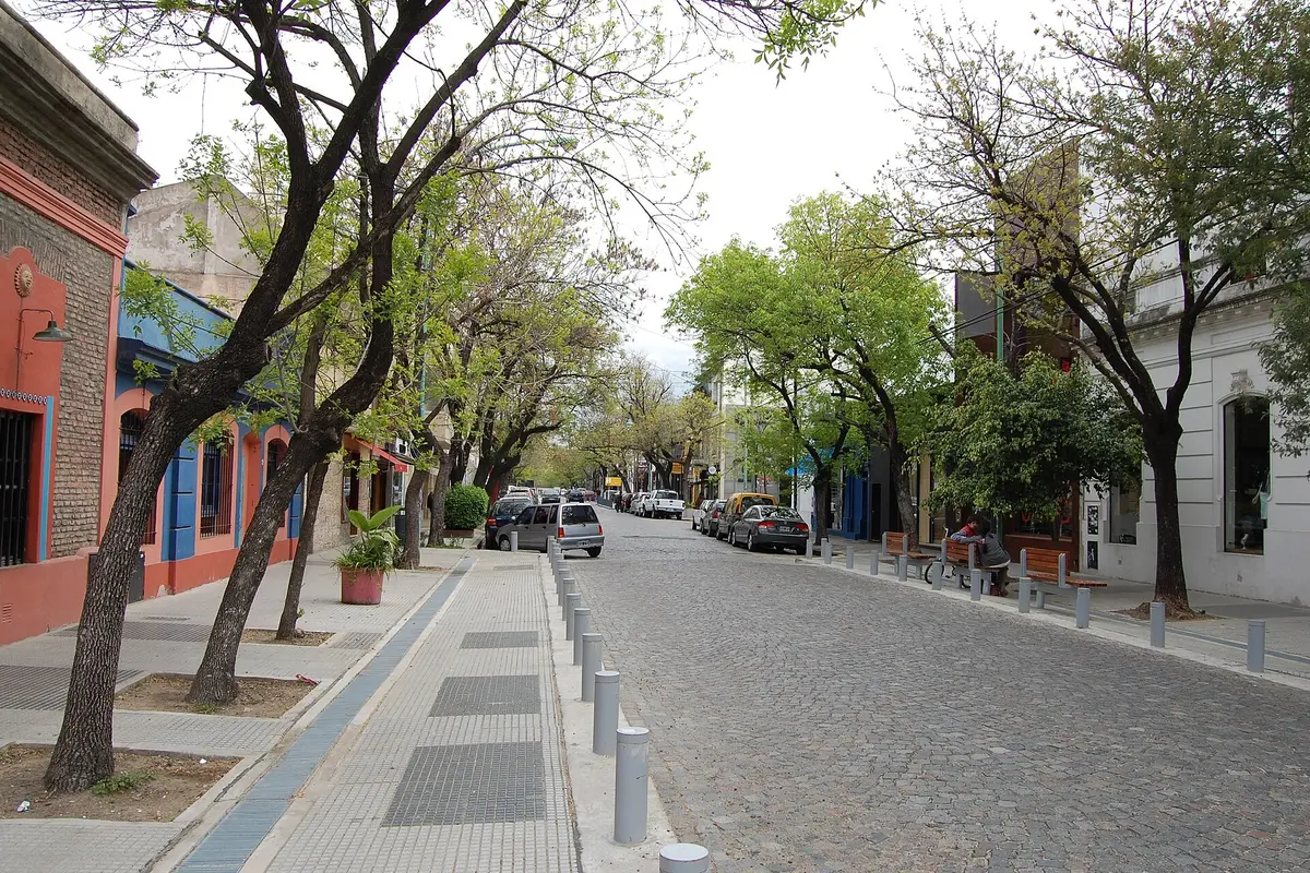 A cobblestoned street lined with trees and low coloured houses in Palermo Soho, Buenos Aires